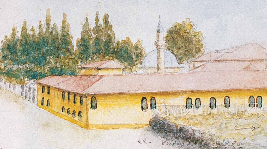 Dr._Ahmet_Süheyl_Ünver'in_Zeytinburnu_Mevlevihane_Caddesi'nden_aşağı_inerken_yaptığı_suluboya_Yenikapı_Mevlevihanesi_illüstrasyonu